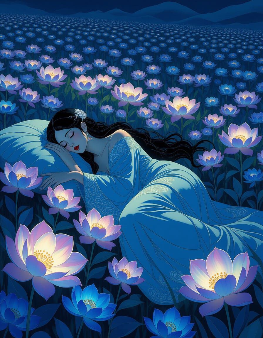 Ancient Goddess Sleeps in Bioluminescent Flower Field