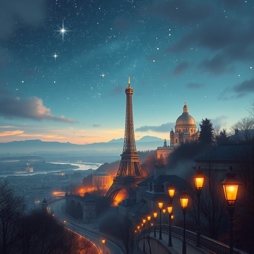 Dreamy Parisian Night Sky with Eiffel Tower and Landmarks