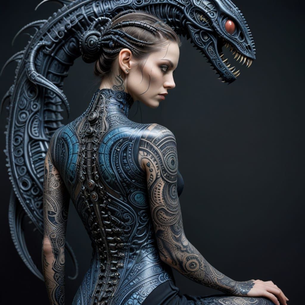 Cyborg Woman with Biomechanical Tattoos in Paisley Dress