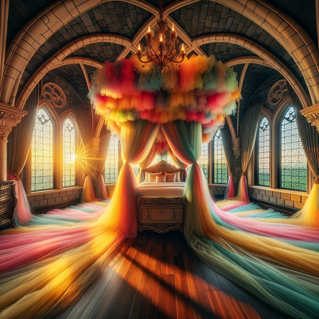 Princess's Majestic Bedroom with Multicolored Tulle Draperie...