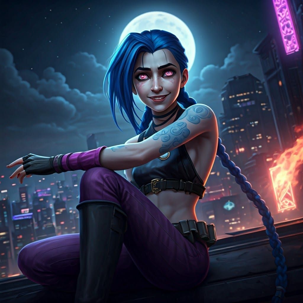 Cyberpunk Jinx in Midnight Cityscape