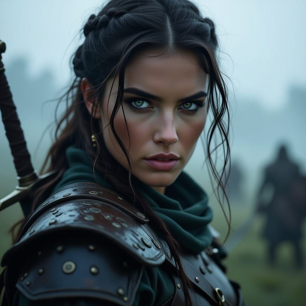 Female Warrior on Misty Battlefield, Cinematic Photo