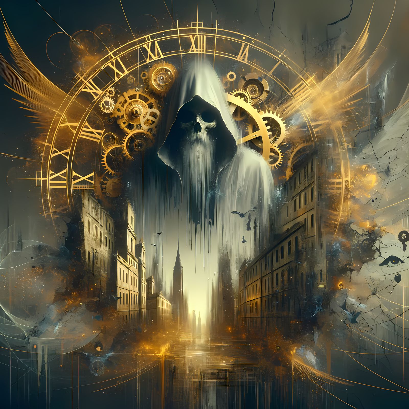 Time Phantom in Decaying Cityscape with Golden Clockwork