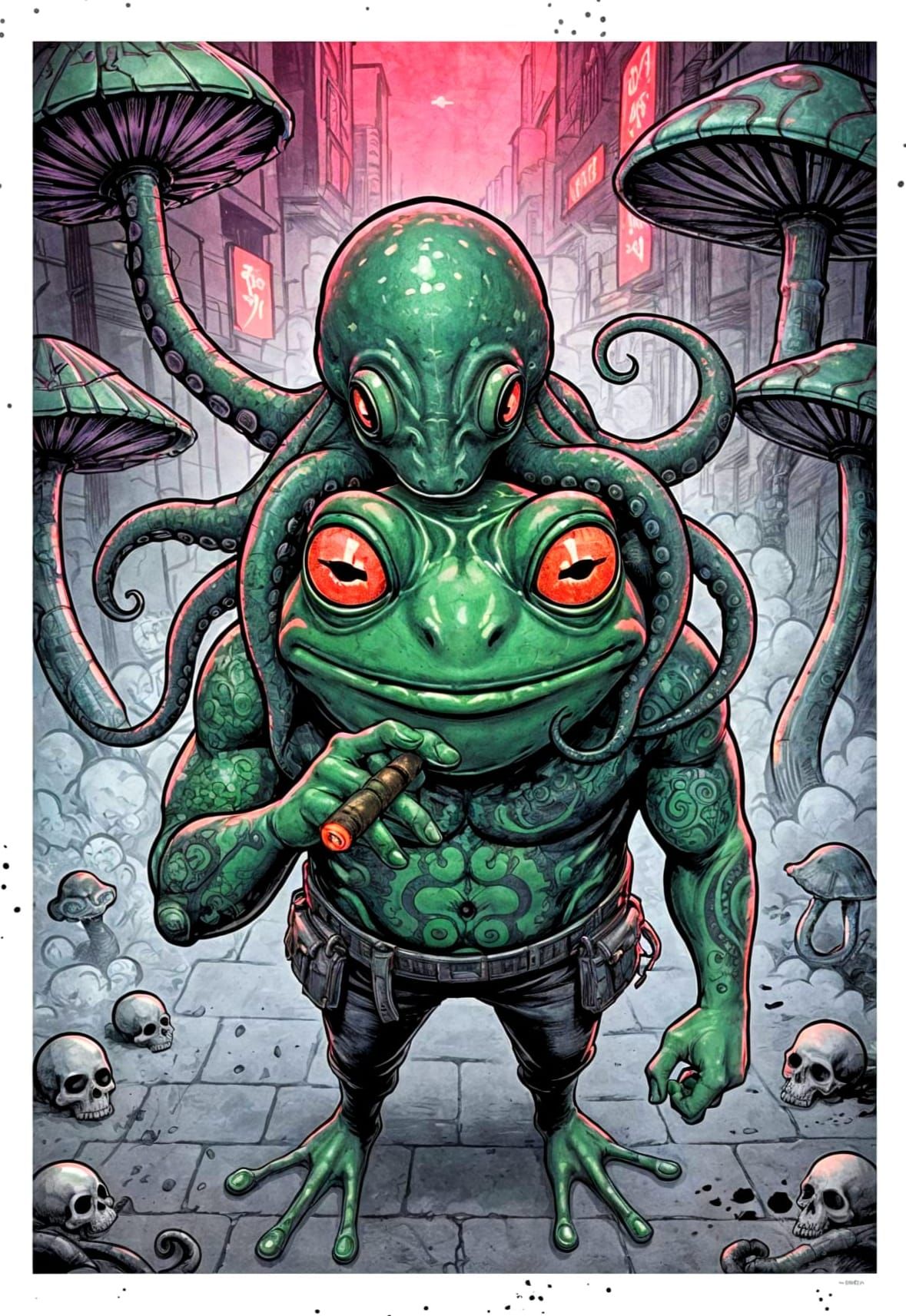 Cyberpunk Yakuza Frog with Bioluminescent Tattoos