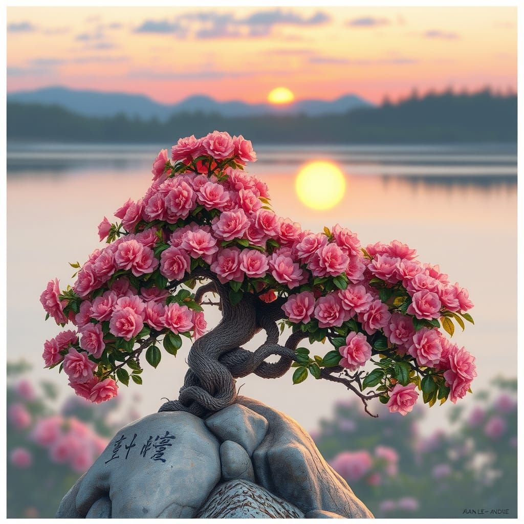 Bonsai and Cherry Blossom Tree at Sunset