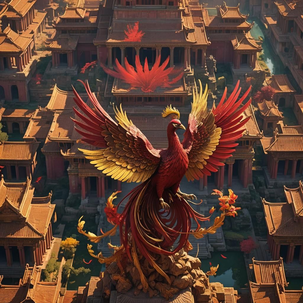 Crimson and Gold Phoenix Soaring Above Temple