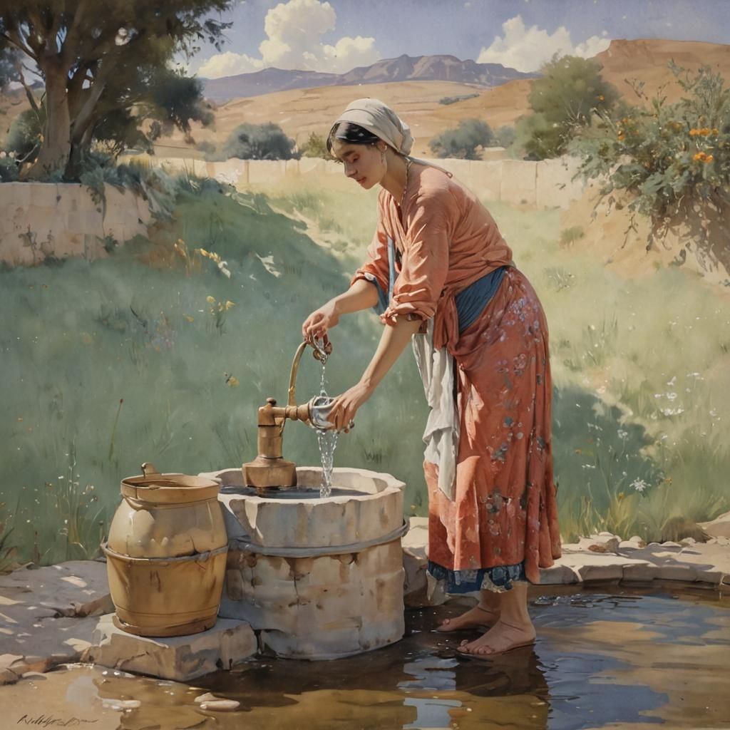 Woman at Well in Watercolor Style