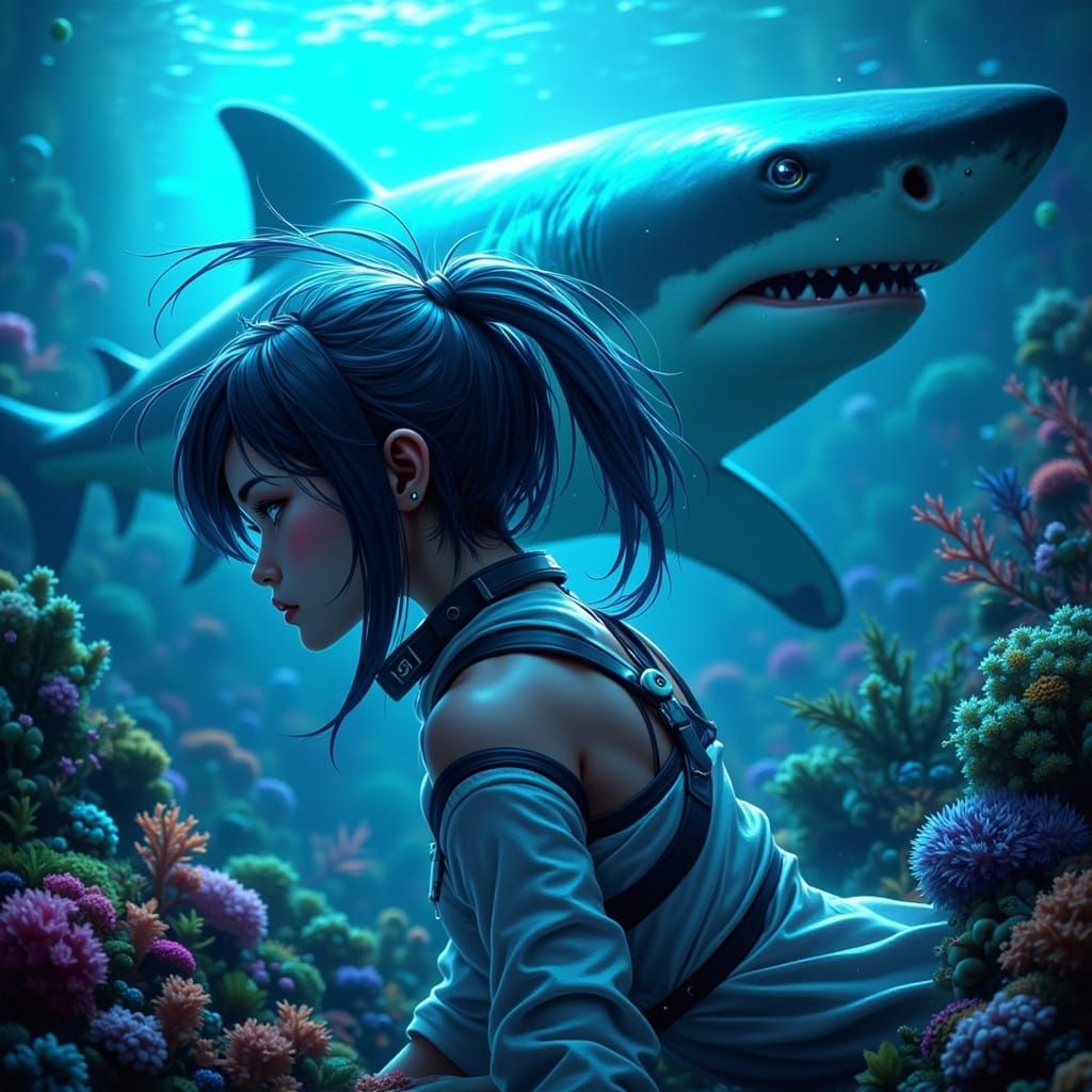 Astronaut Girl Floats Underwater with Great White Shark