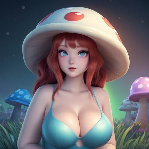 Kawaii Mushroom Woman in Magic Forest, 3D Art