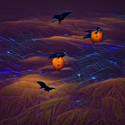 Crows in Flight Over a Giant Pumpkin