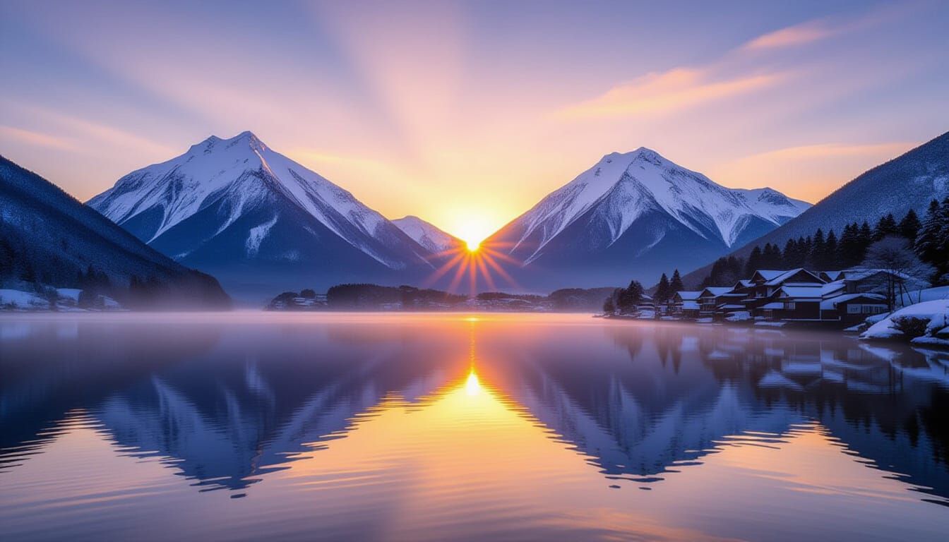 Spectacular Sunrise Over Japanese Mountain Village