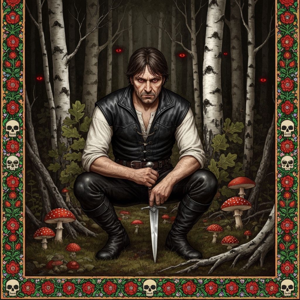 Eerie Forest Dweller in Eastern European Folk Horror Style