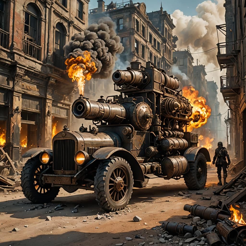 Gaspunk threatening_vehicle with gotic_gángsters driving and shooting blast_cannon, Post-apocalyptic scale car on post-a...