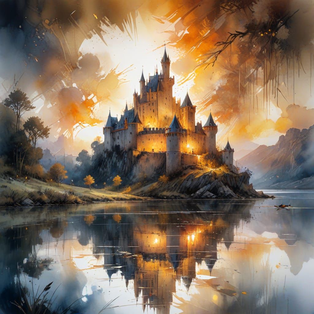 Medieval Castle at Sunset: Watercolour Painting