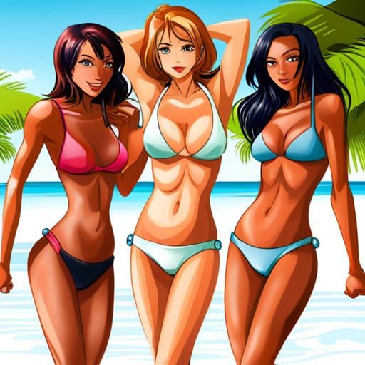 Three Women Wearing Bikinis