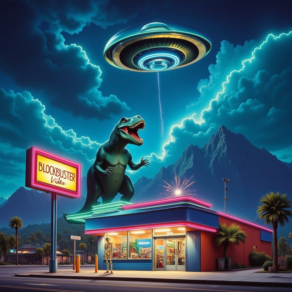 Surreal Blockbuster Video Store Under Turbulent Stormy Skies...