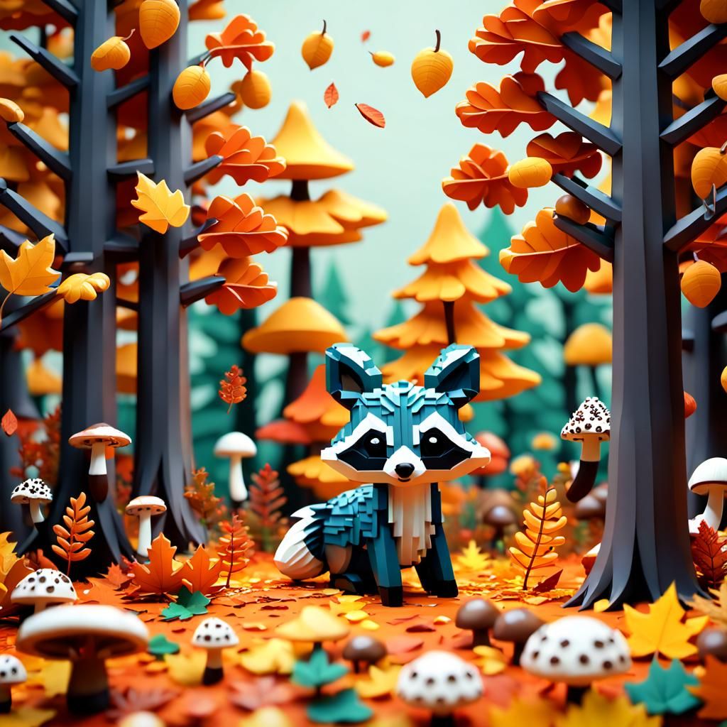 Autumnal Maximalist Scene with Animals in 8-bit Style
