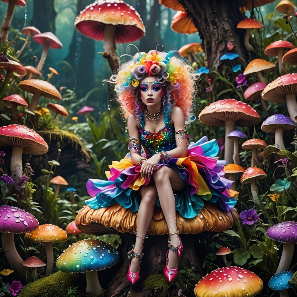 Fairy Drag Queen on Mushroom, Detailed Matte Painting