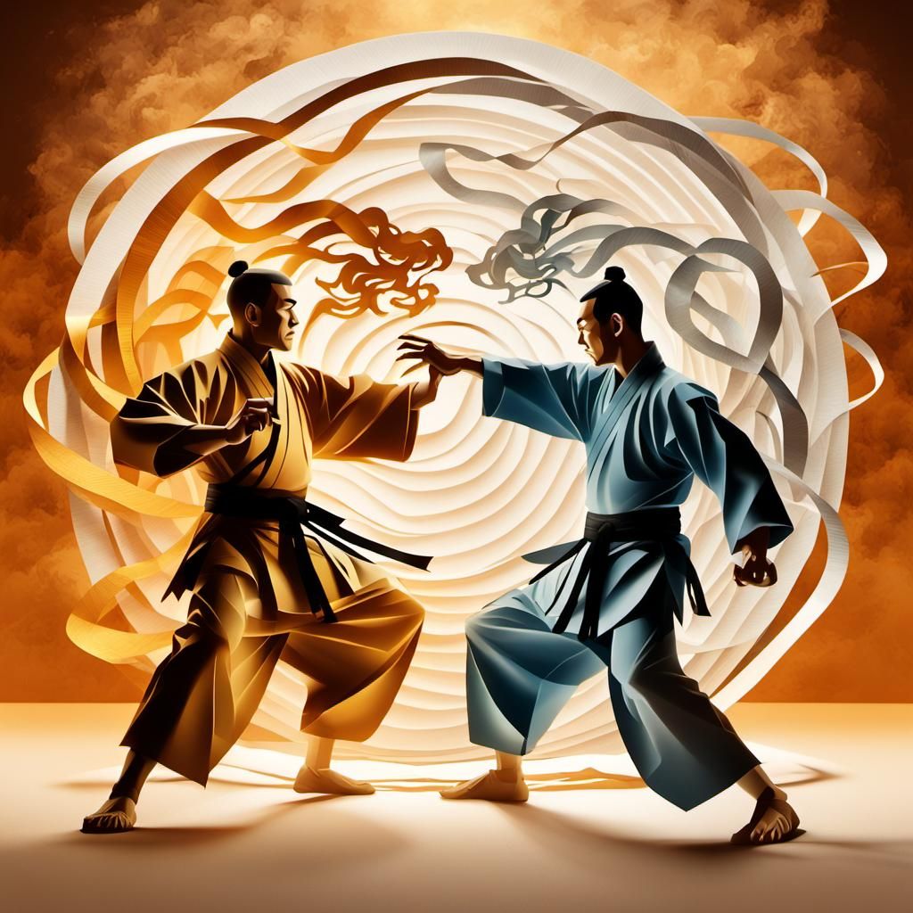 Epic Martial Arts Duel in Paper Art Style