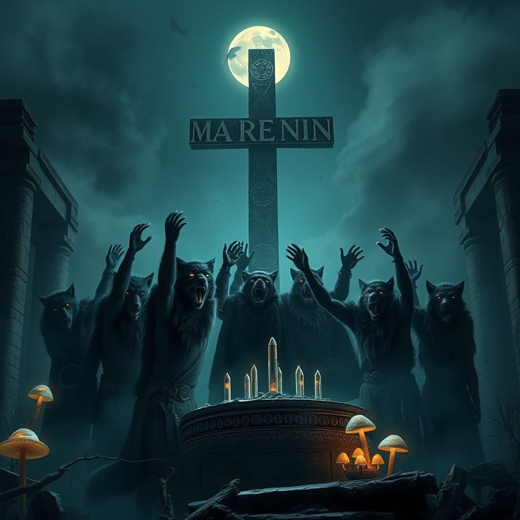 Werewolves Howling at Moon over Ancient Ruins