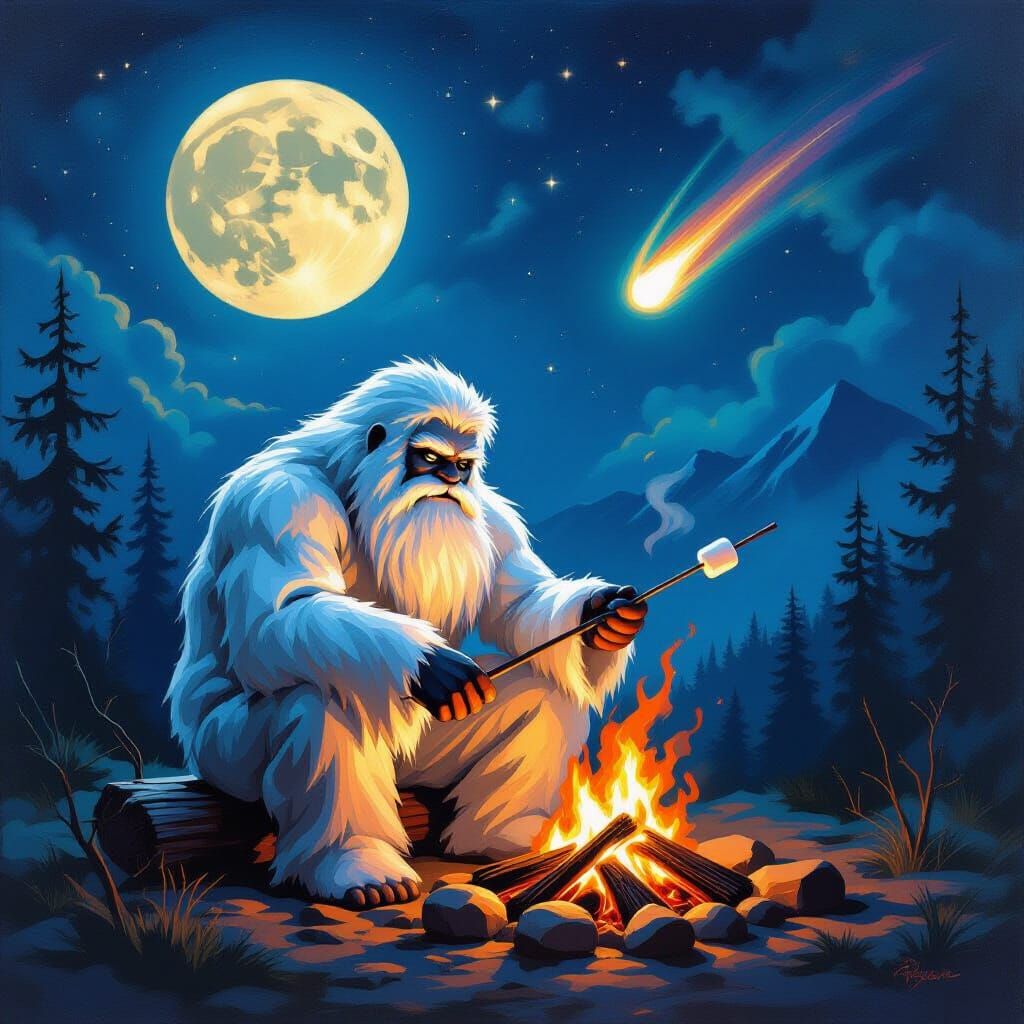 Yeti Roasts Marshmallows Under Full Moon & Comet