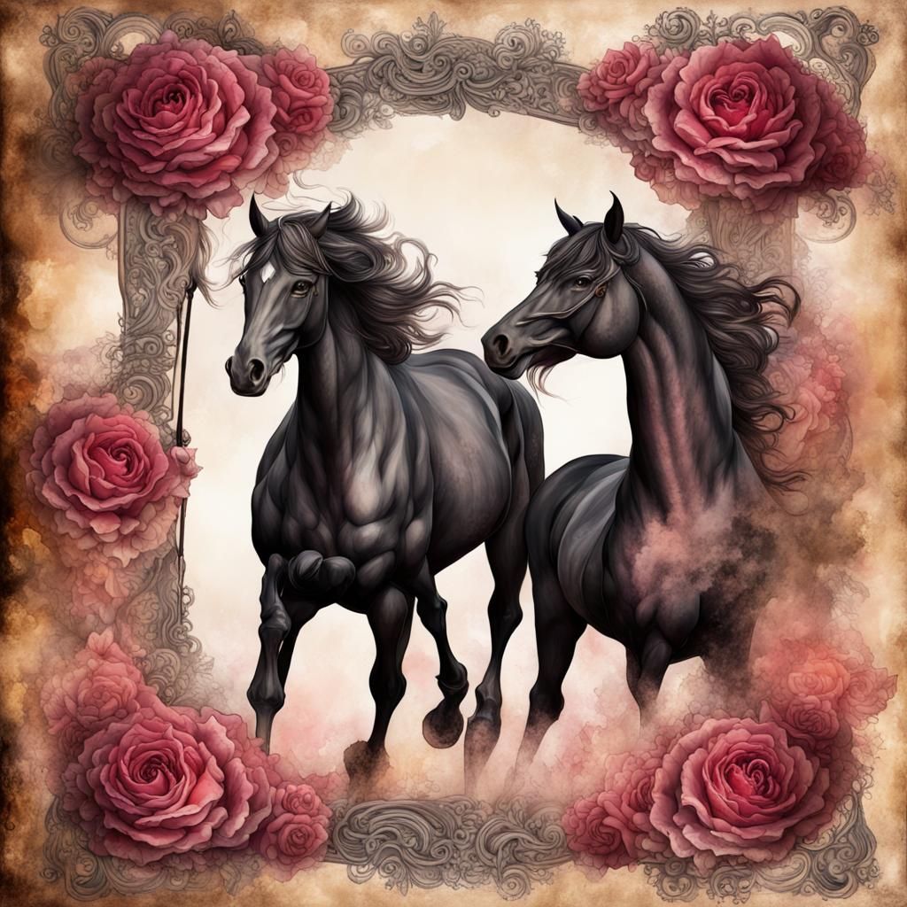 Mythical Steampunk Horses on Vintage Notebook Page