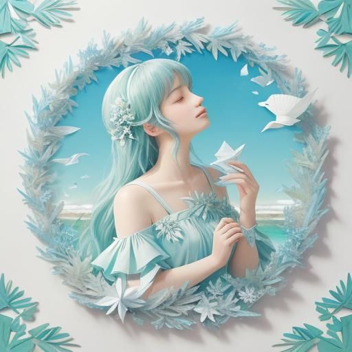 Pastel Papercraft: Woman Gazing at Beach Sky