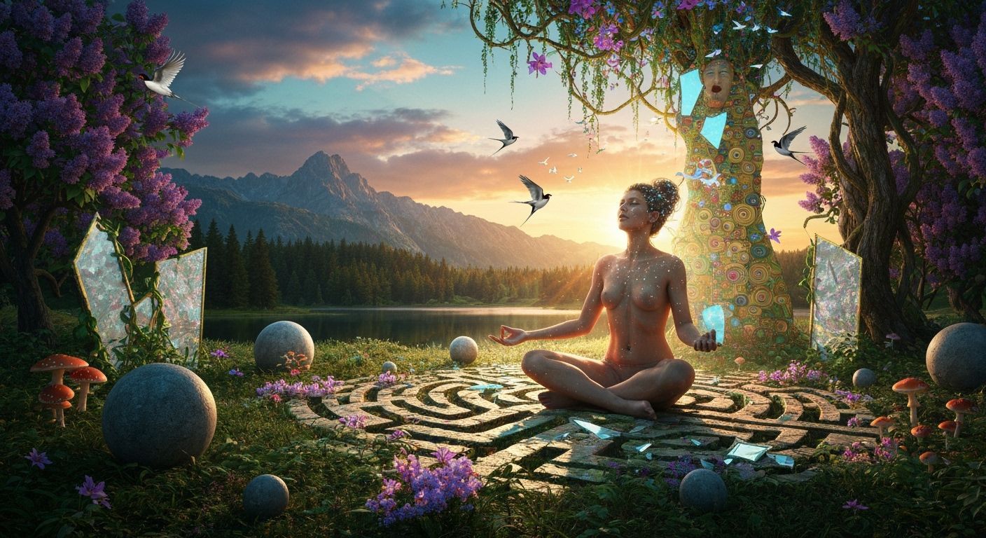 Mystical Woman Meditating in Light Labyrinth at Sunset