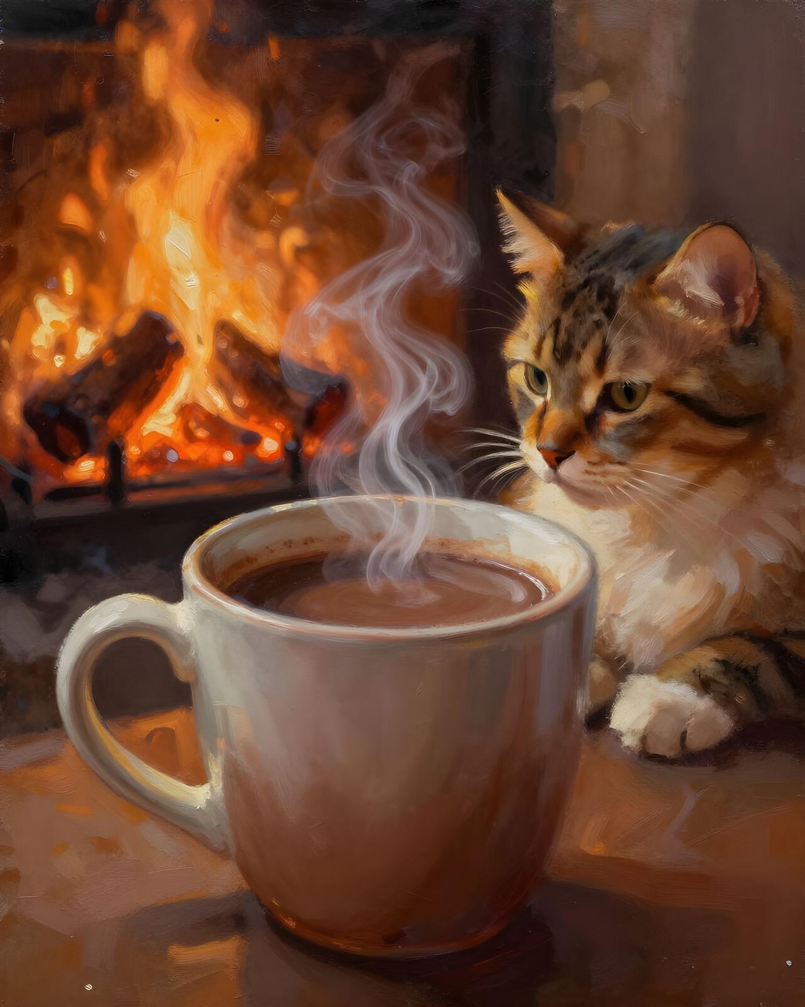 Cozy Fireside Scene: Cat and Hot Chocolate Mug