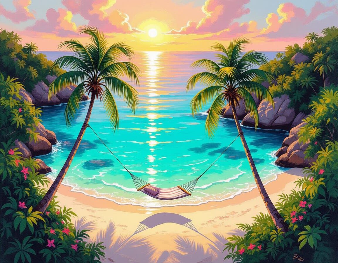 Secluded Island Cove with Hammock at Golden Hour