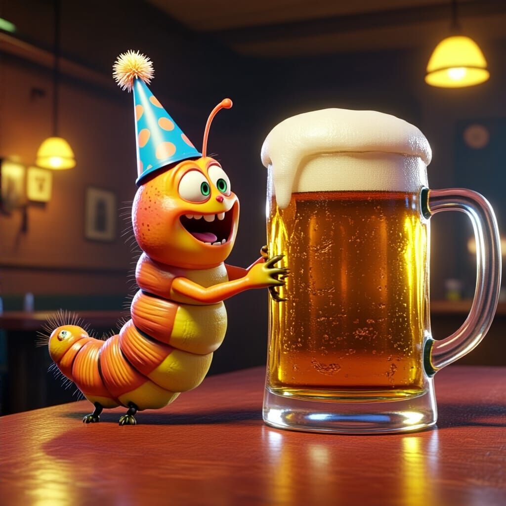 Excited Caterpillar with Beer in Vibrant 3D Pixar Style