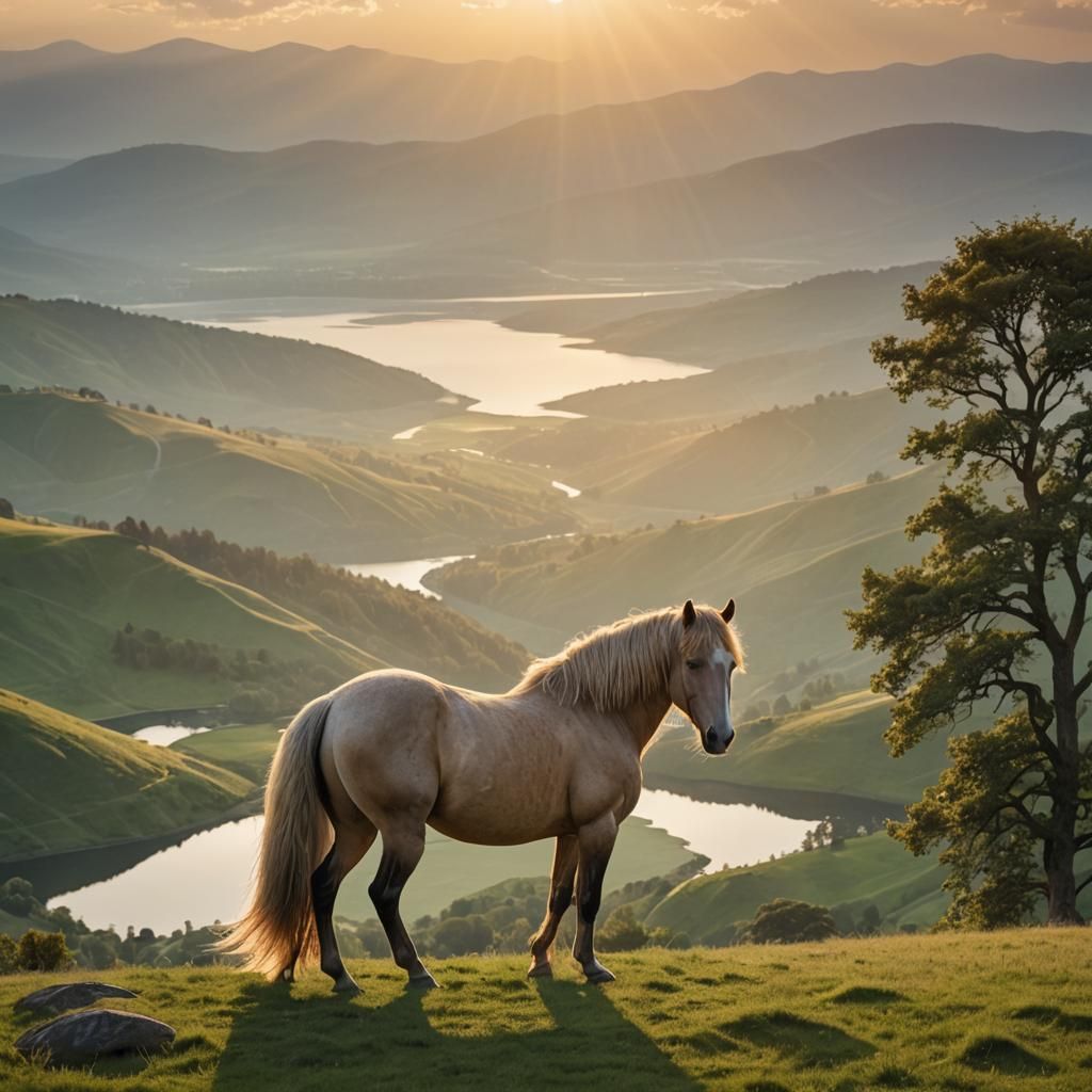A majestic horse standing proudly on a hilltop, overlooking ...