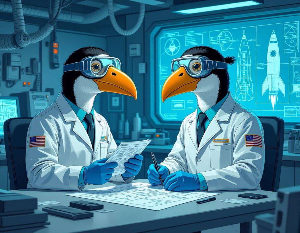 Dodo Birds as Rocket Scientists in Digital Art Style