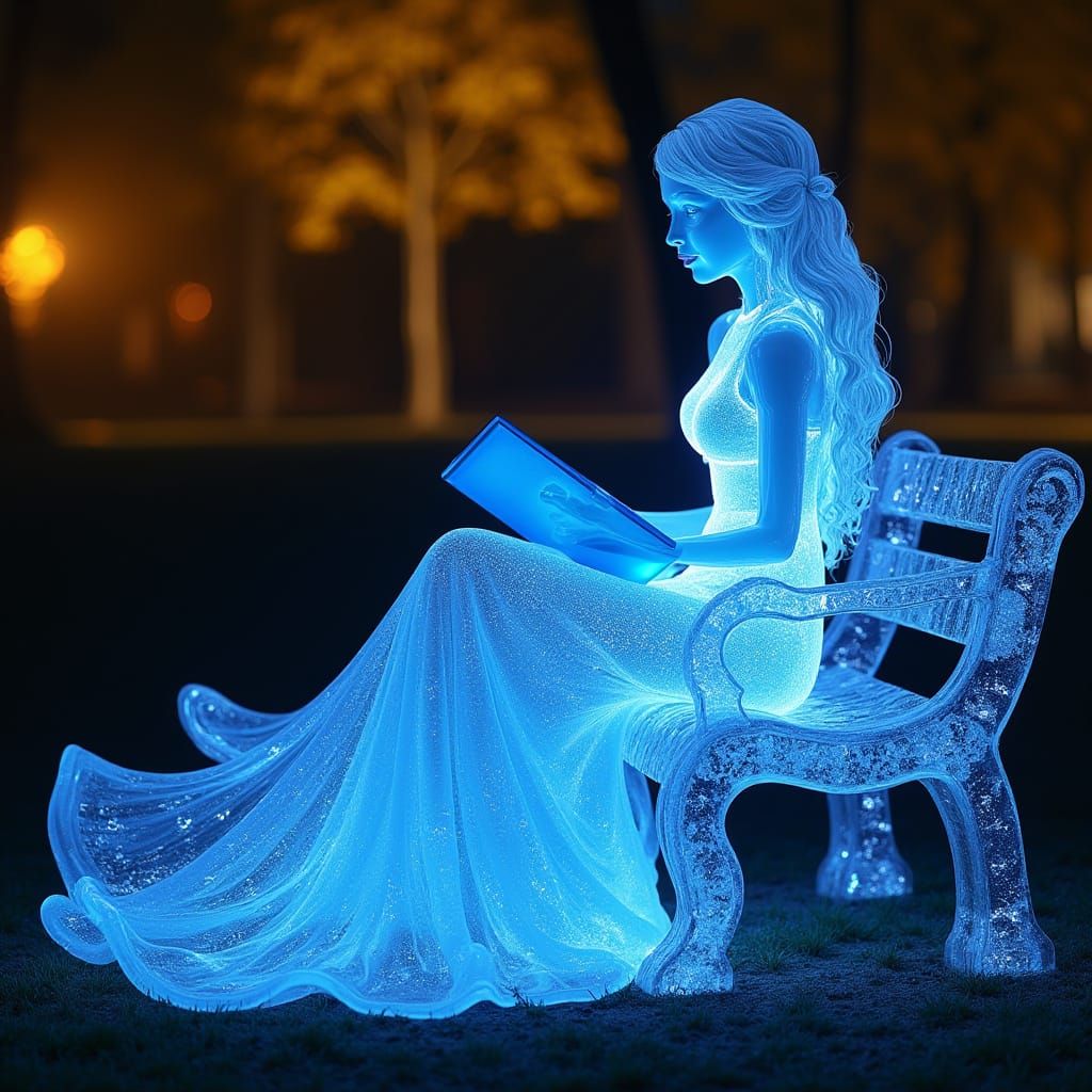 Blue Glowing Girl Reads Book on Transparent Bench