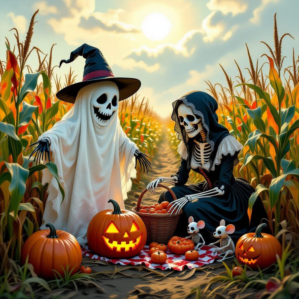 Eerie Ghostly Scarecrow and Skeleton Woman Harvest