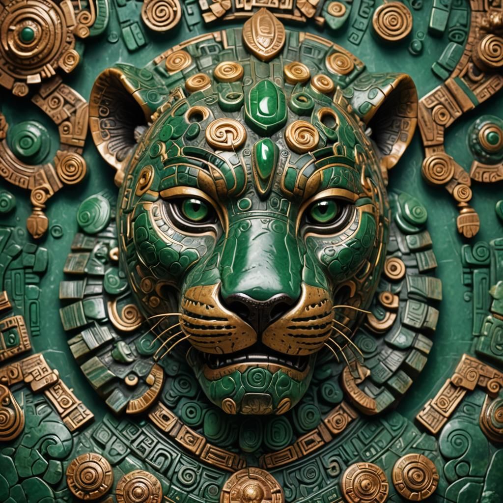 Hyper-Realistic Aztec Jaguar Carving in Emerald Green Jade S...