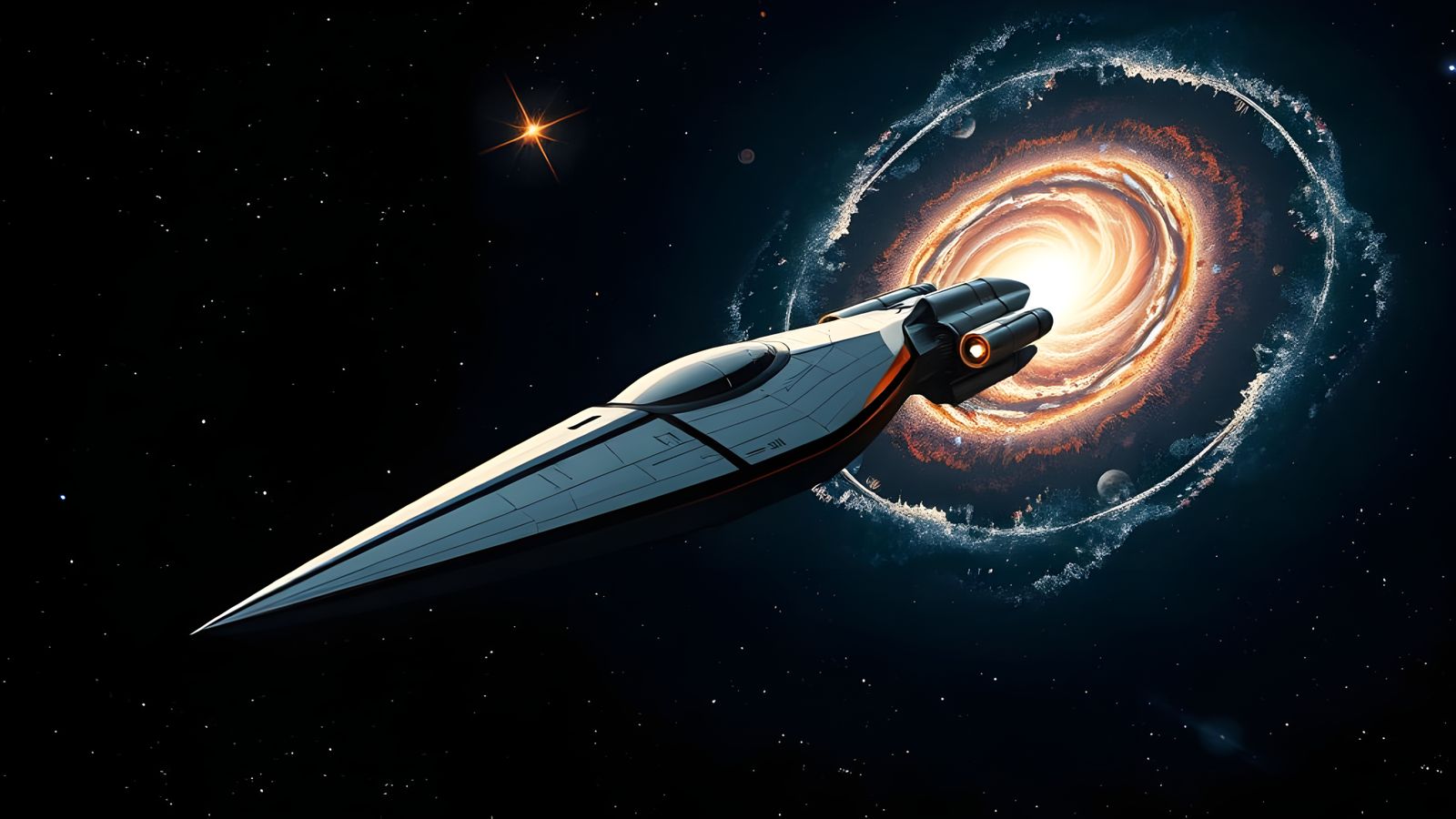 Sleek Starship Dominates Cosmic Expanse in Cyberpunk Aesthet...