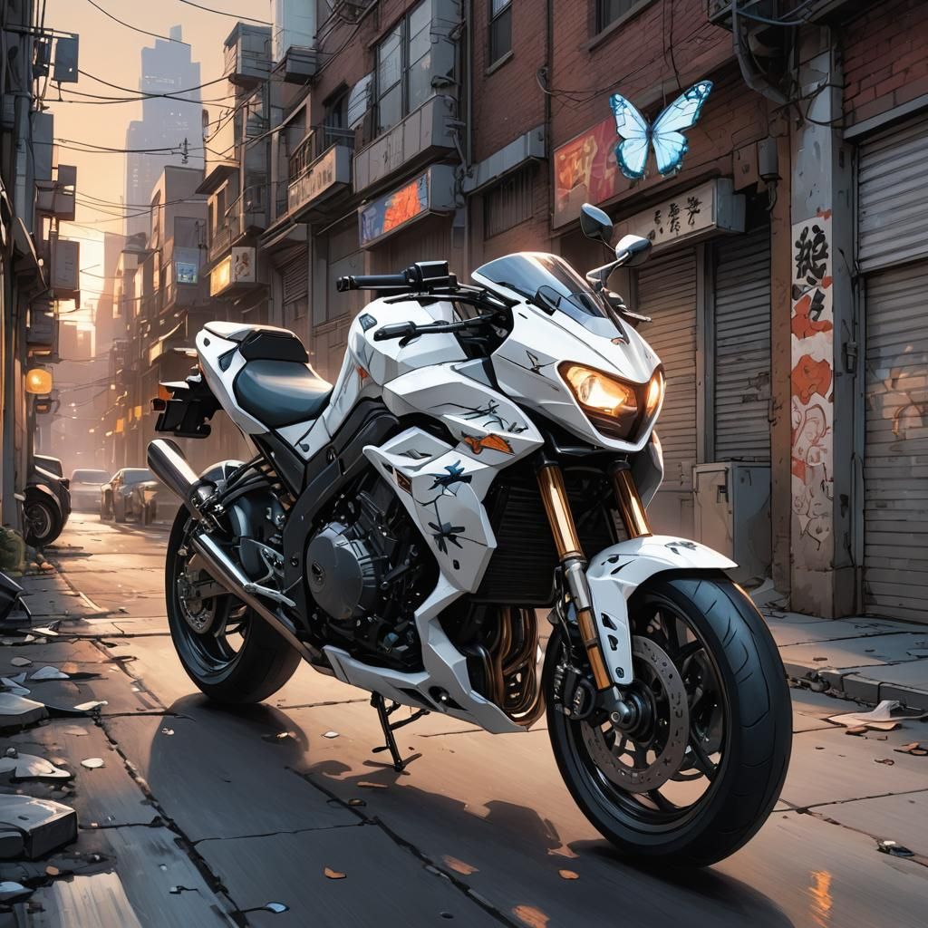 Sleek White Ninja Motorcycle in City Alleyway