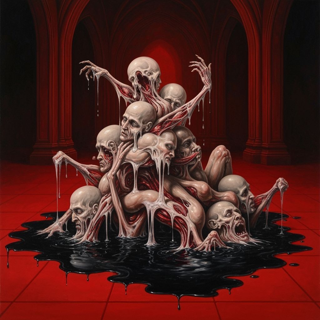 Surrealist Body Horror Painting: Fused Limbs in Crimson Cham...