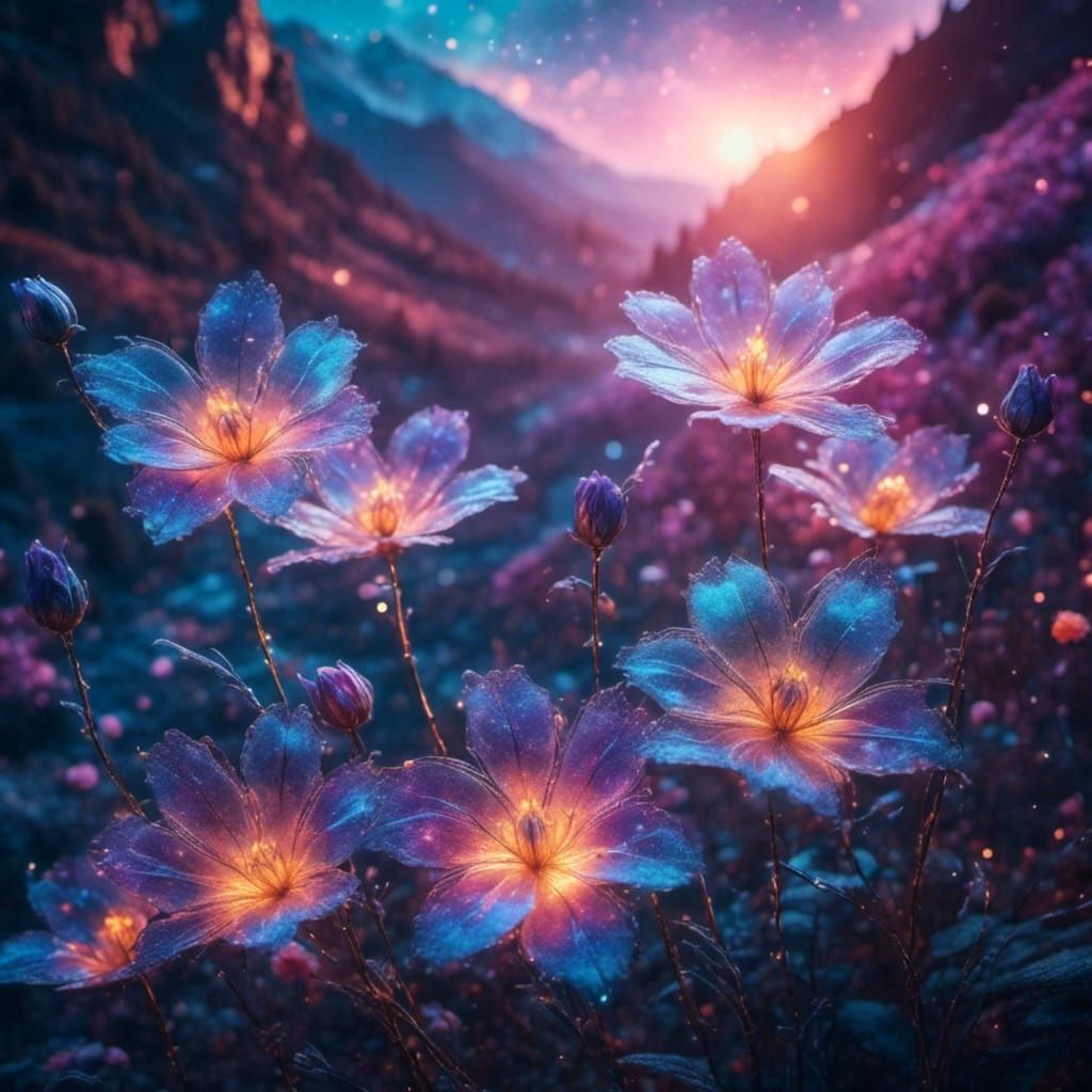 Glowing Iridescent Flowers in Ethereal Mist: Digital Paintin...