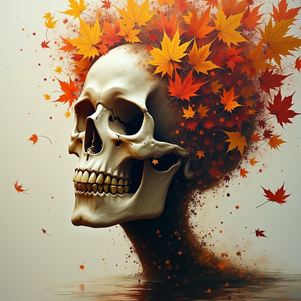 Skull Dissolving into Autumn Leaves in Surreal Style