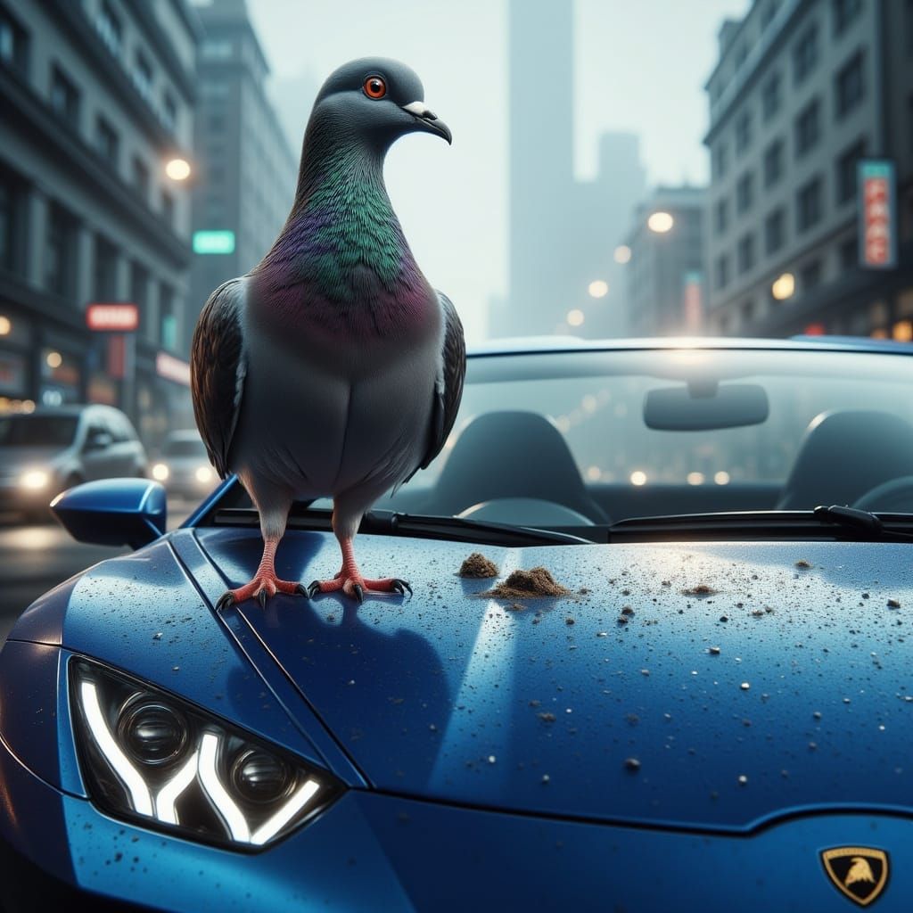 Pigeon Poops on Blue Lamborghini in Cityscape