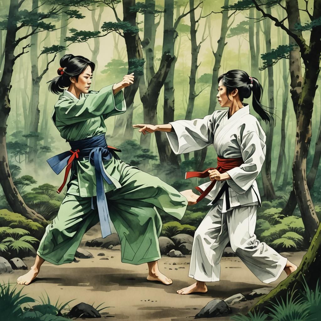 Japanese Women Karate Fight in Ink Painting Style