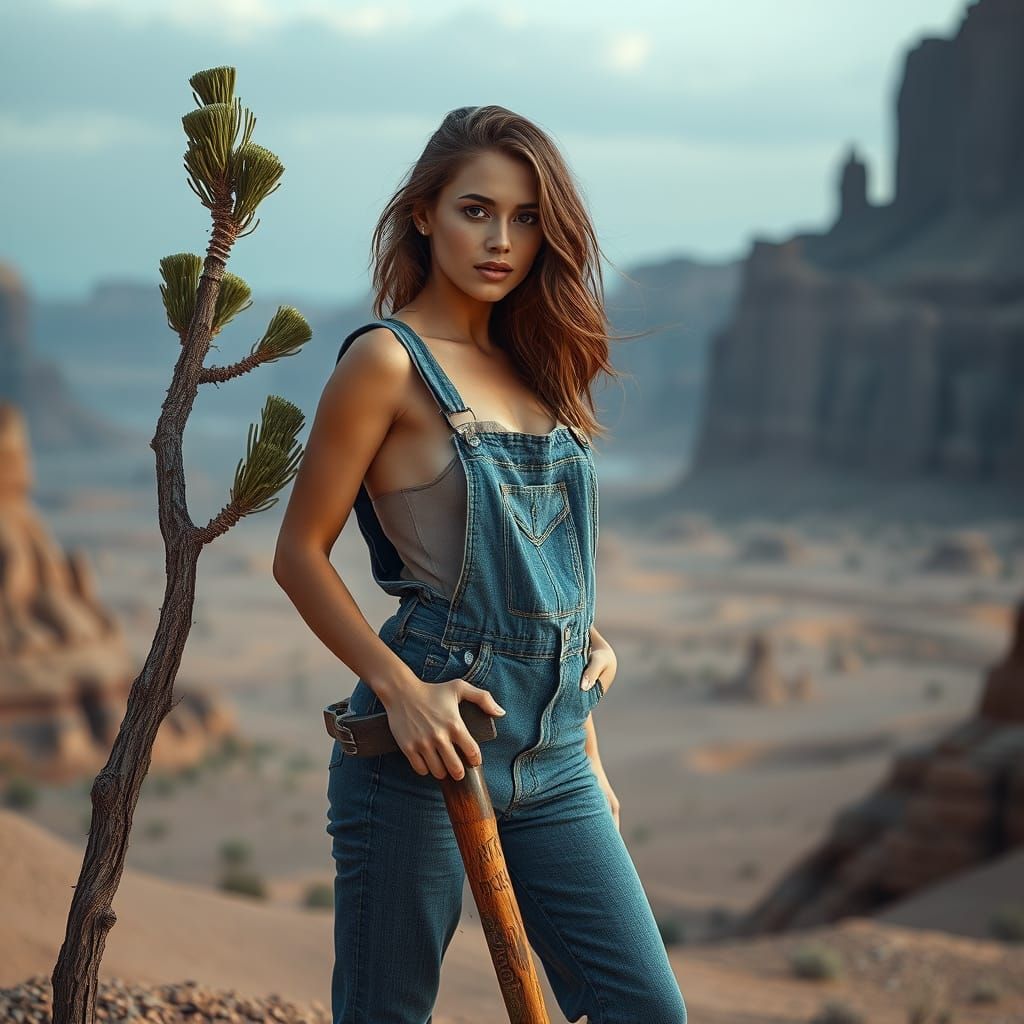 Woman with Axe in Arid Desert Landscape