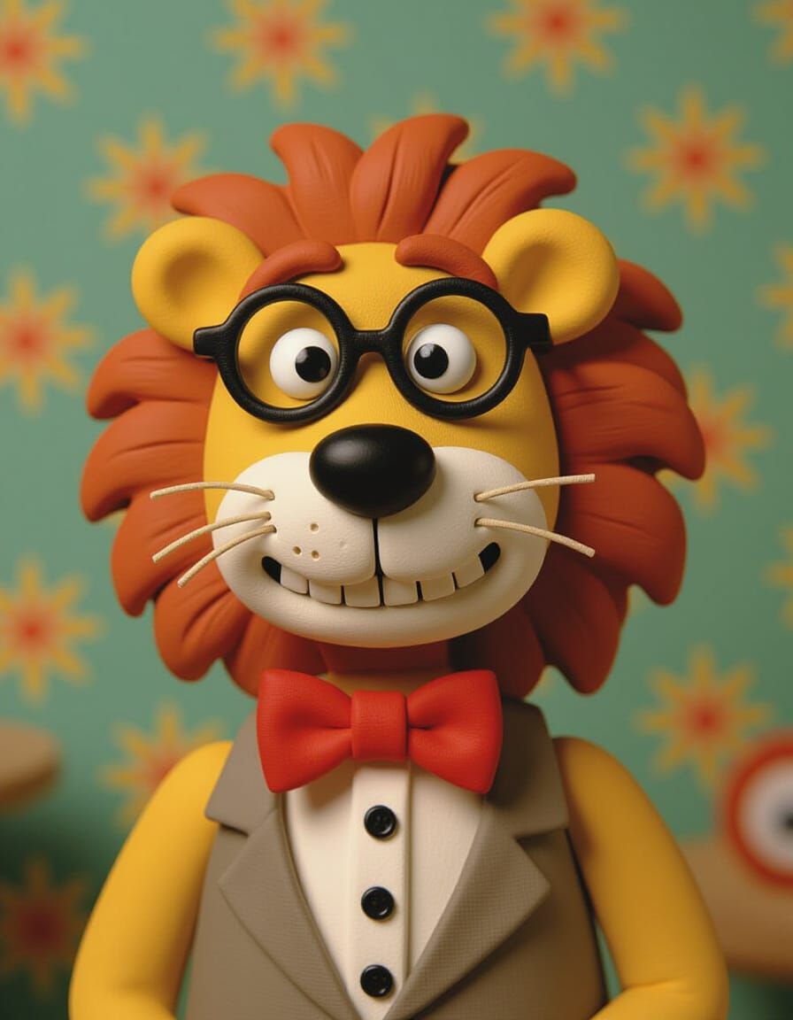 Nerdy Lion Character in Stop-Motion Claymation Style