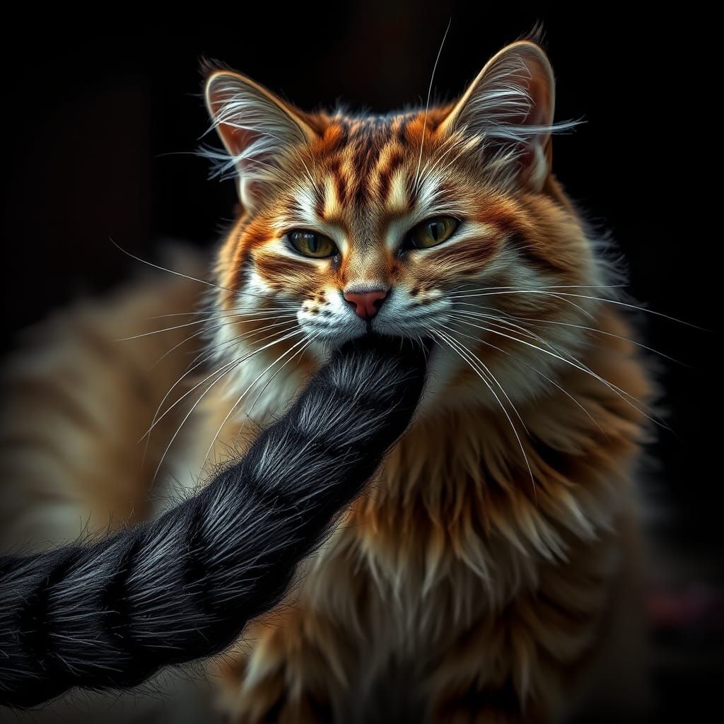 Hyperrealistic Cat Biting Tail in Sharp Focus