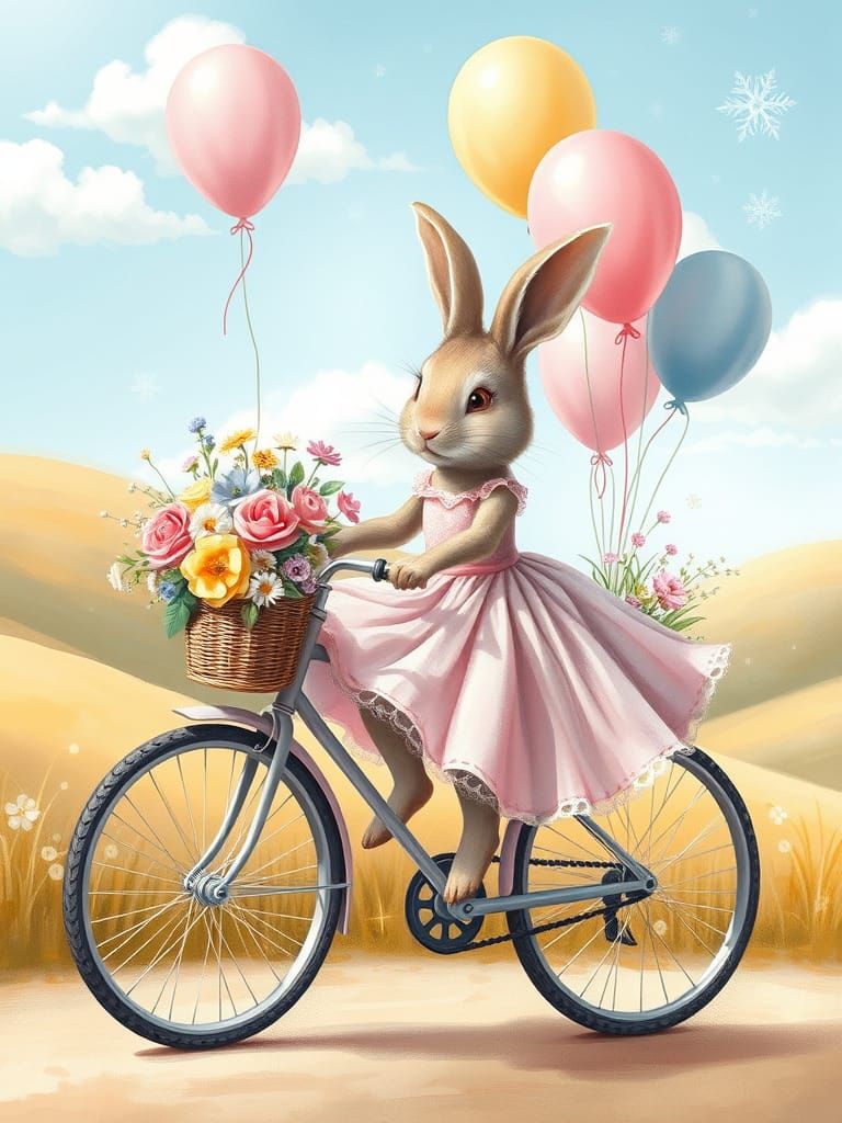 Whimsical Rabbit in Pastel Ballerina Dress Rides Vintage Bic...