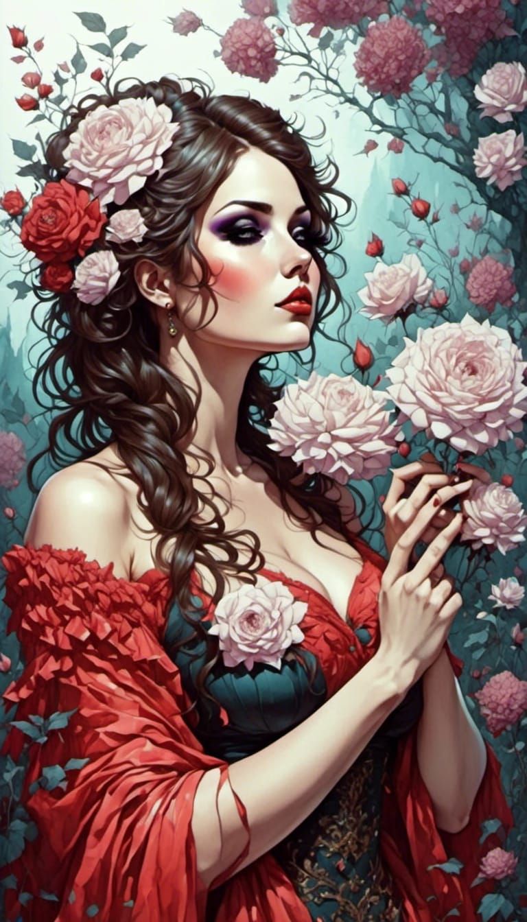 Flower Wonderland Landscape in Pen and Watercolor Style