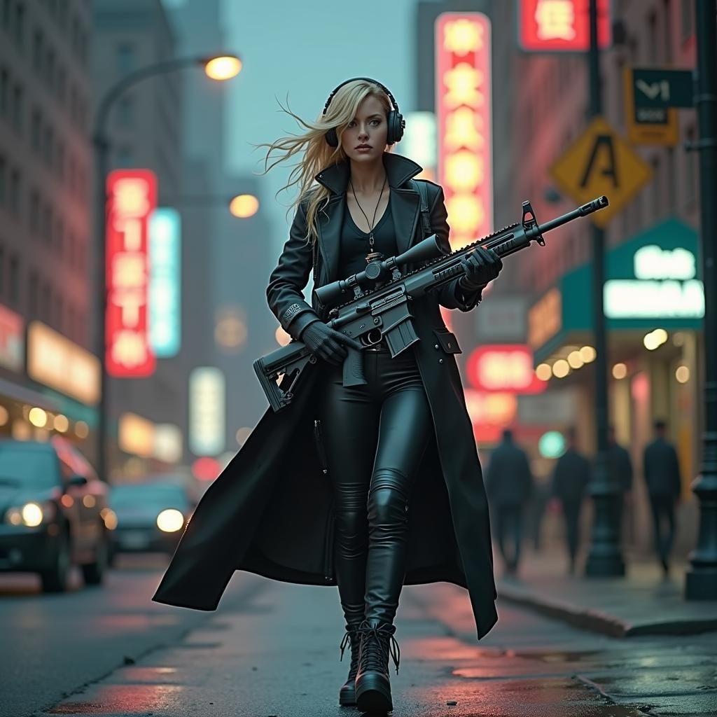 Female Sniper on Rooftop in Futuristic Style