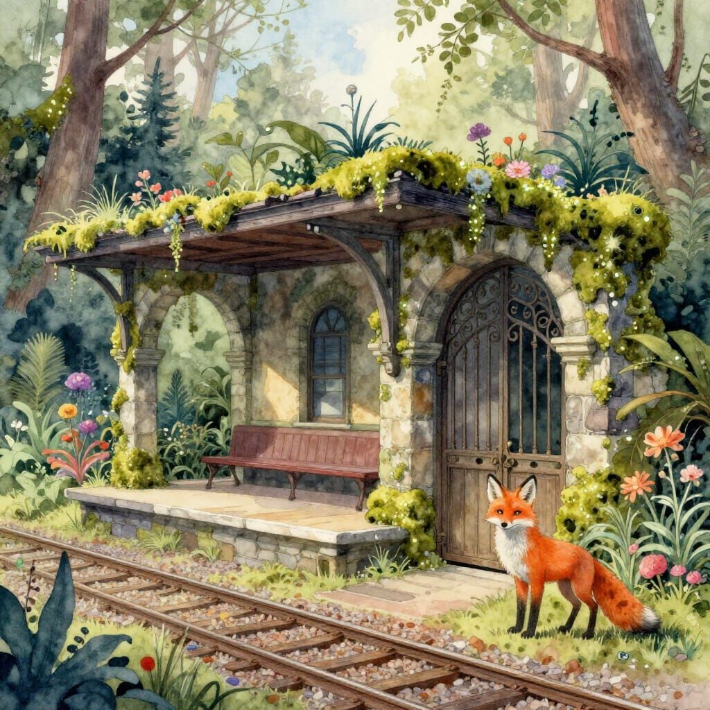 Whimsical Forest Train Station with Spectral Tracks